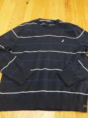 Nautica Men's V-Neck Sweater in Blue with stripes Size L Preppy Nautical